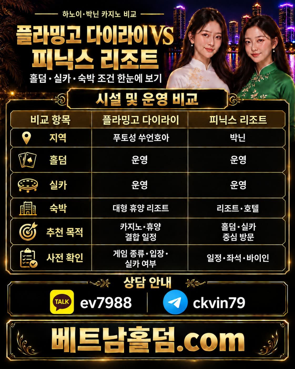 베트남홀덤.com 플라밍고 다이라이 vs 피닉스 리조트 카지노 비교 - 아오자이 여성 및 홀덤 실카 숙박 운영 조건 인포그래픽